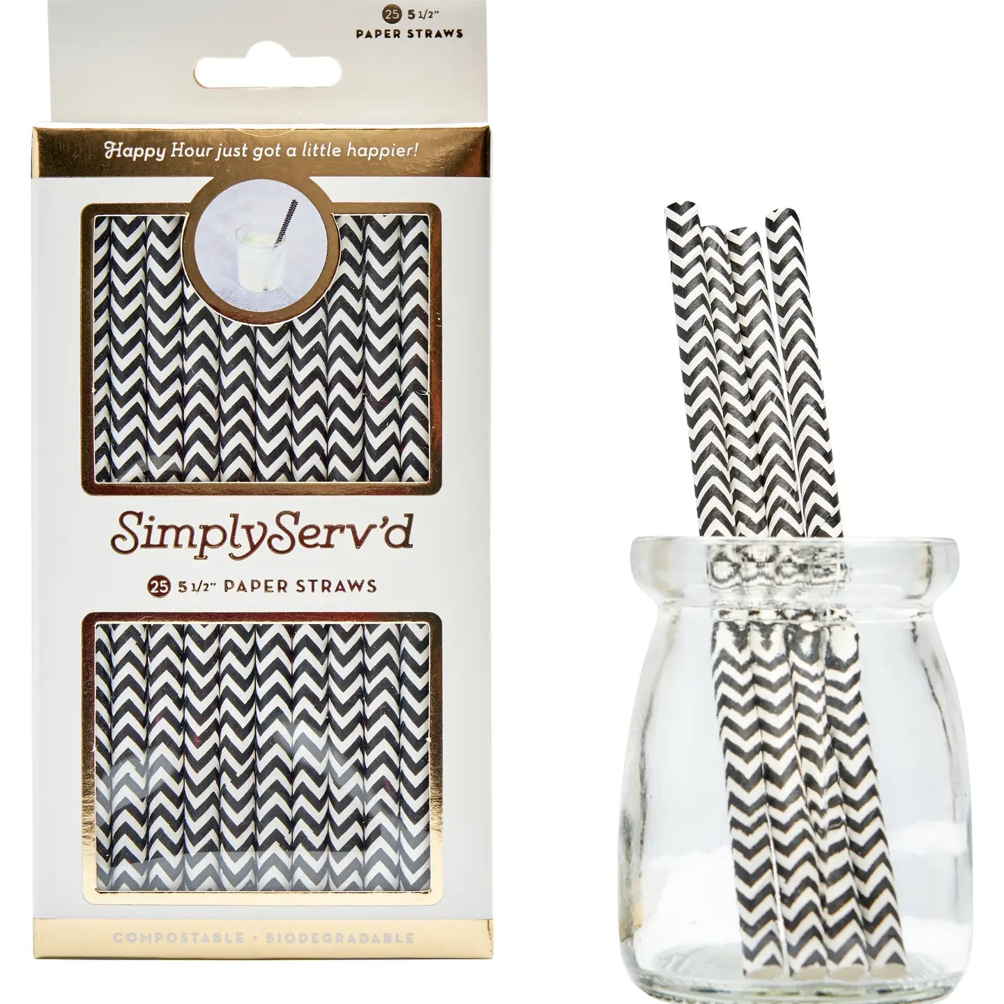 Cocktail Straw Black Chevron/25pk