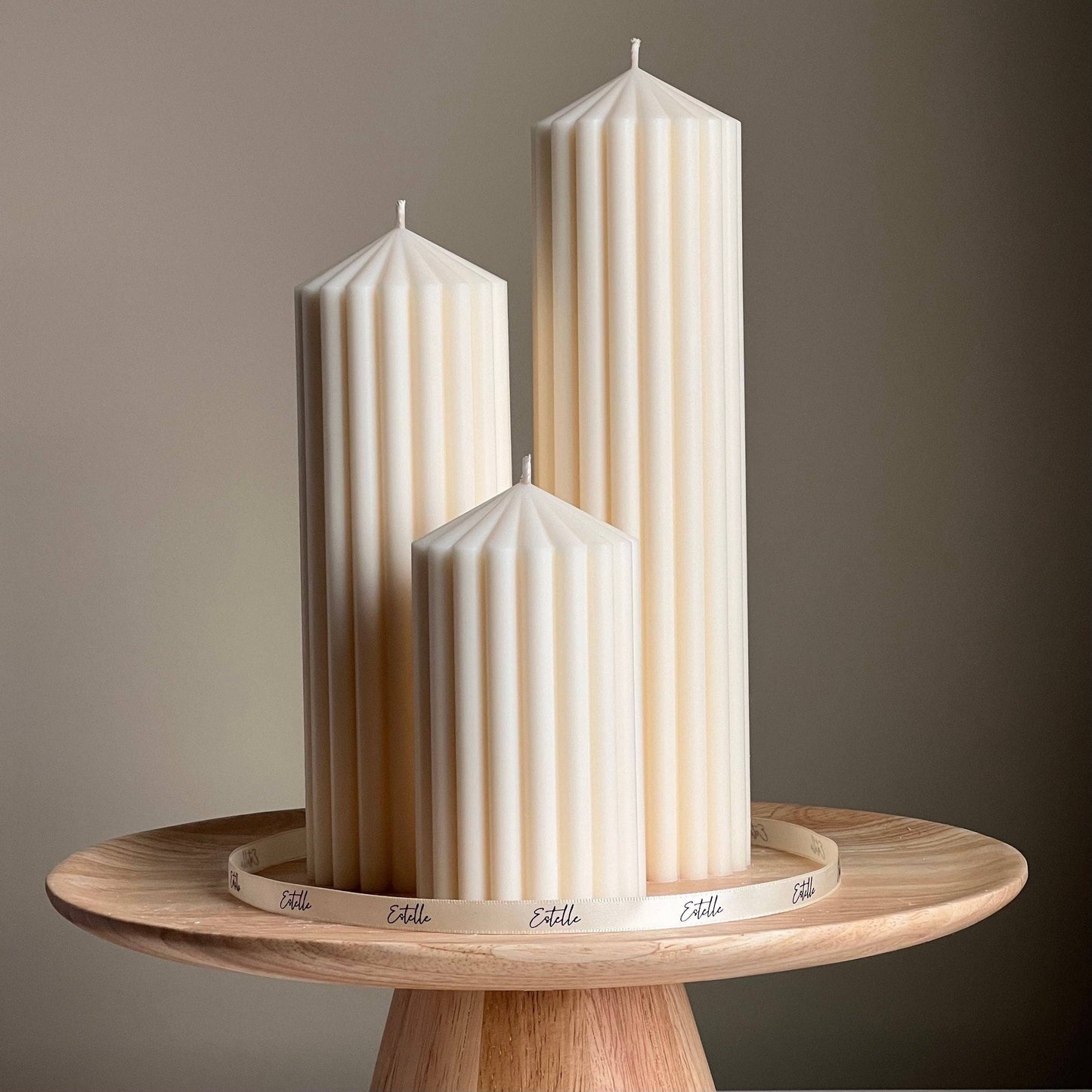 Ribbed Peak Pillar Candle Trio | Vegan Soy Wax, Aesthetic Decor: Coral / Unscented / Small