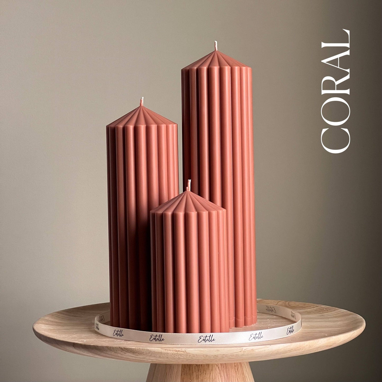 Ribbed Peak Pillar Candle Trio | Vegan Soy Wax, Aesthetic Decor: Coral / Unscented / Small