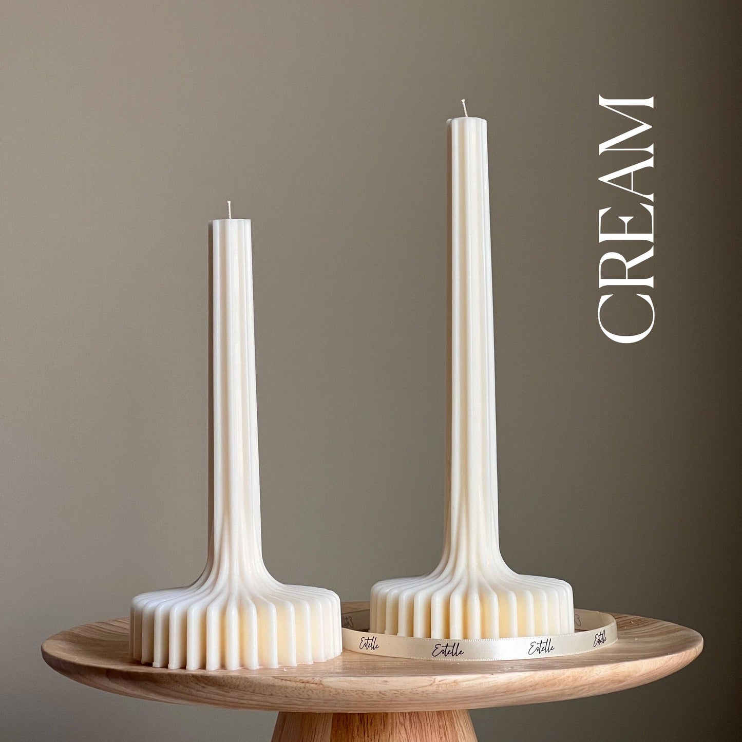 Elegant Soy Vase Candle: Sculptural Striped Column Candle: Cream / Small