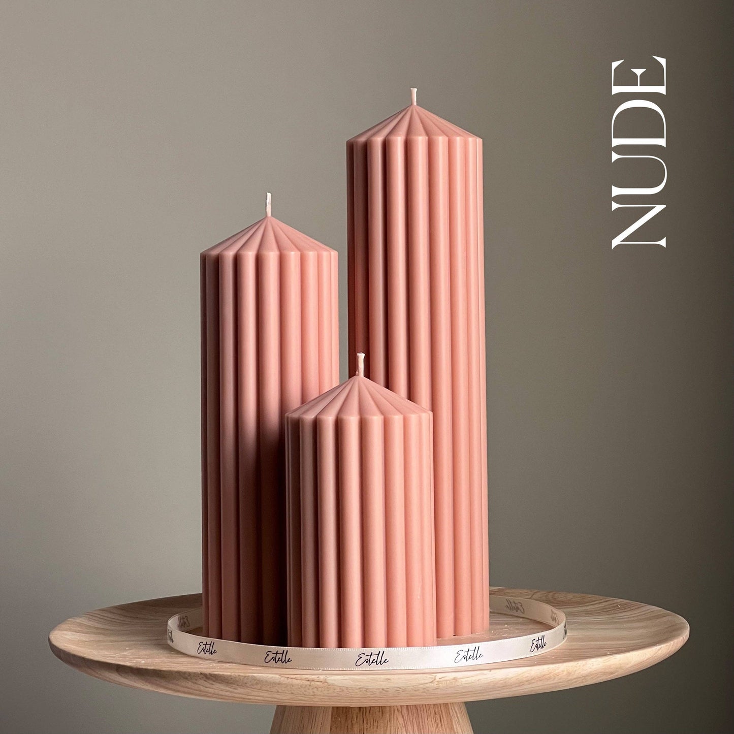 Ribbed Peak Pillar Candle Trio | Vegan Soy Wax, Aesthetic Decor: Coral / Unscented / Small