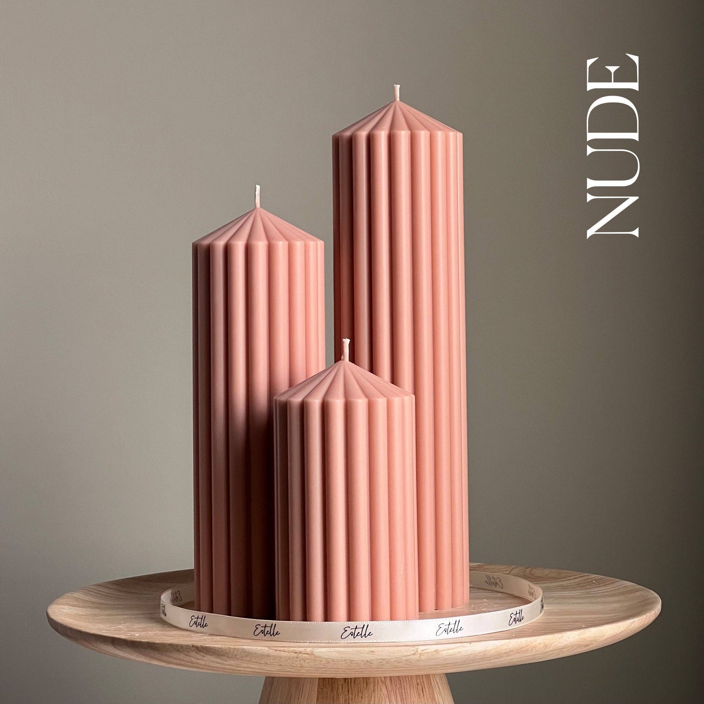 Ribbed Peak Pillar Candle Trio | Vegan Soy Wax, Aesthetic Decor: Coral / Unscented / Small