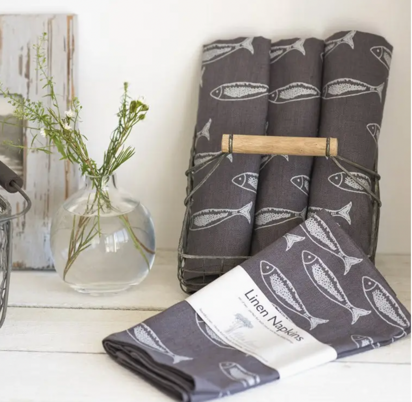 Linen Napkins Fish Print Set of 2