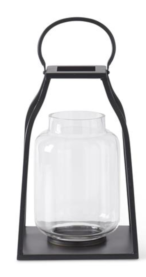 BLACK METAL TRAPEZOID LANTERN W/GLASS HURRICANE