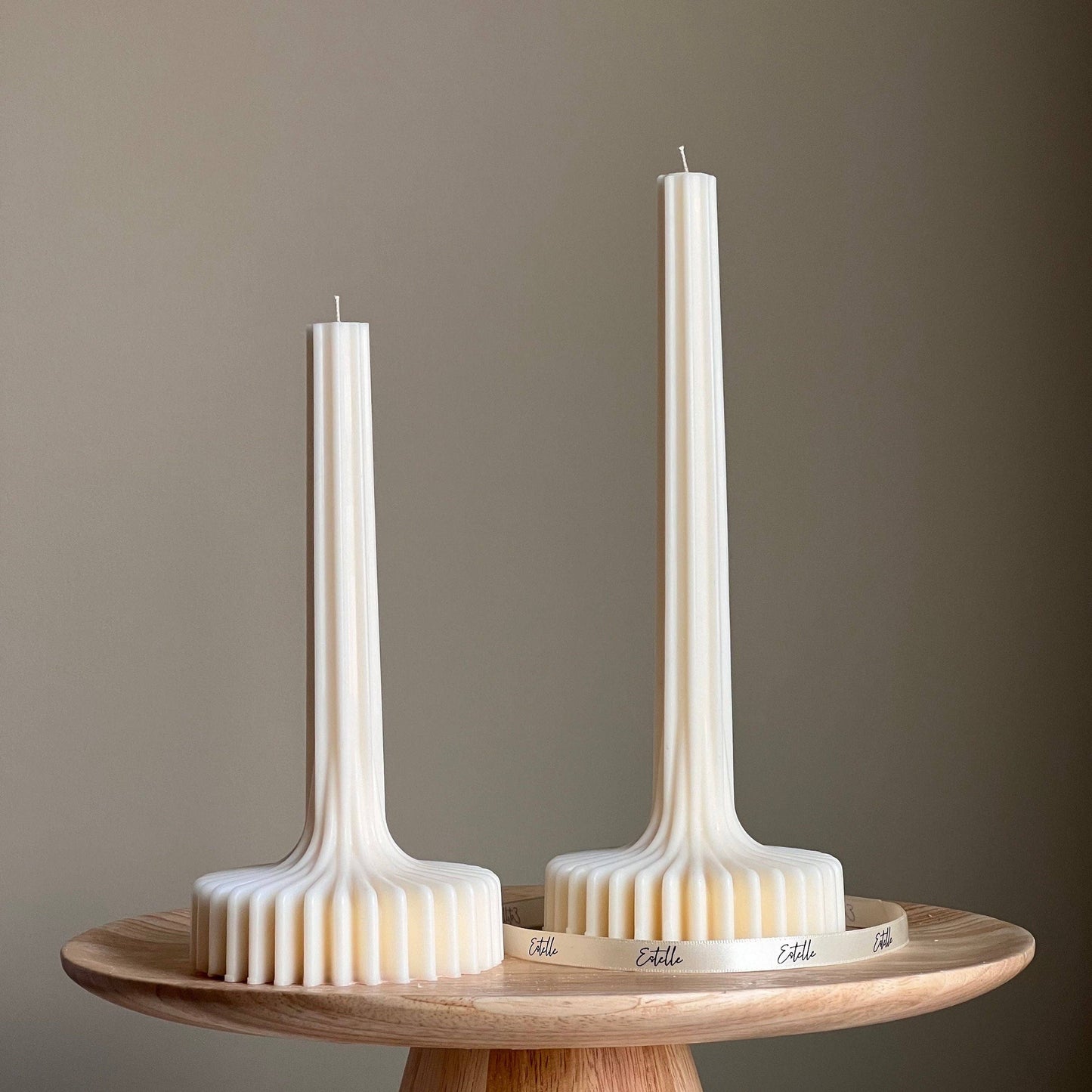 Elegant Soy Vase Candle: Sculptural Striped Column Candle: Cream / Small