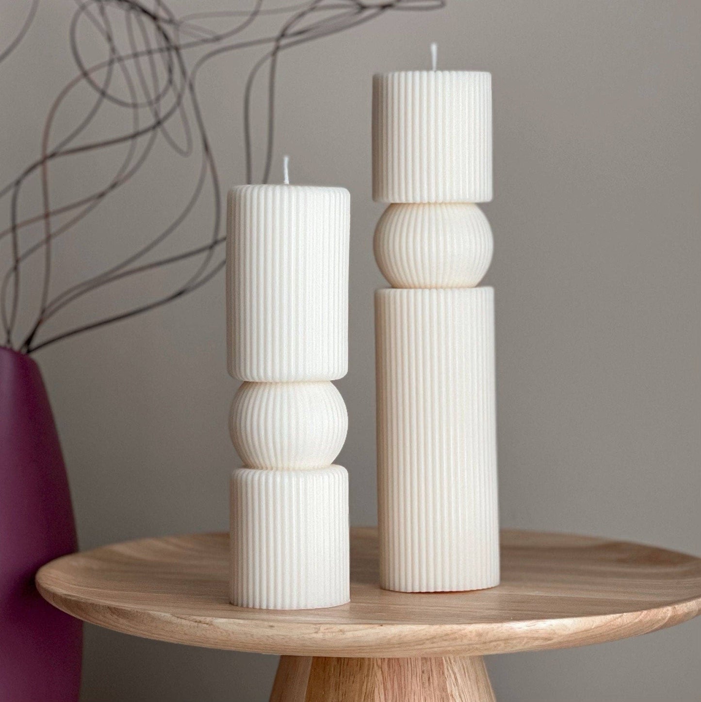 Roman Ribbed Soy Wax Candle Set | Tall Pillar, Home Decor: Cream / Unscented / Small