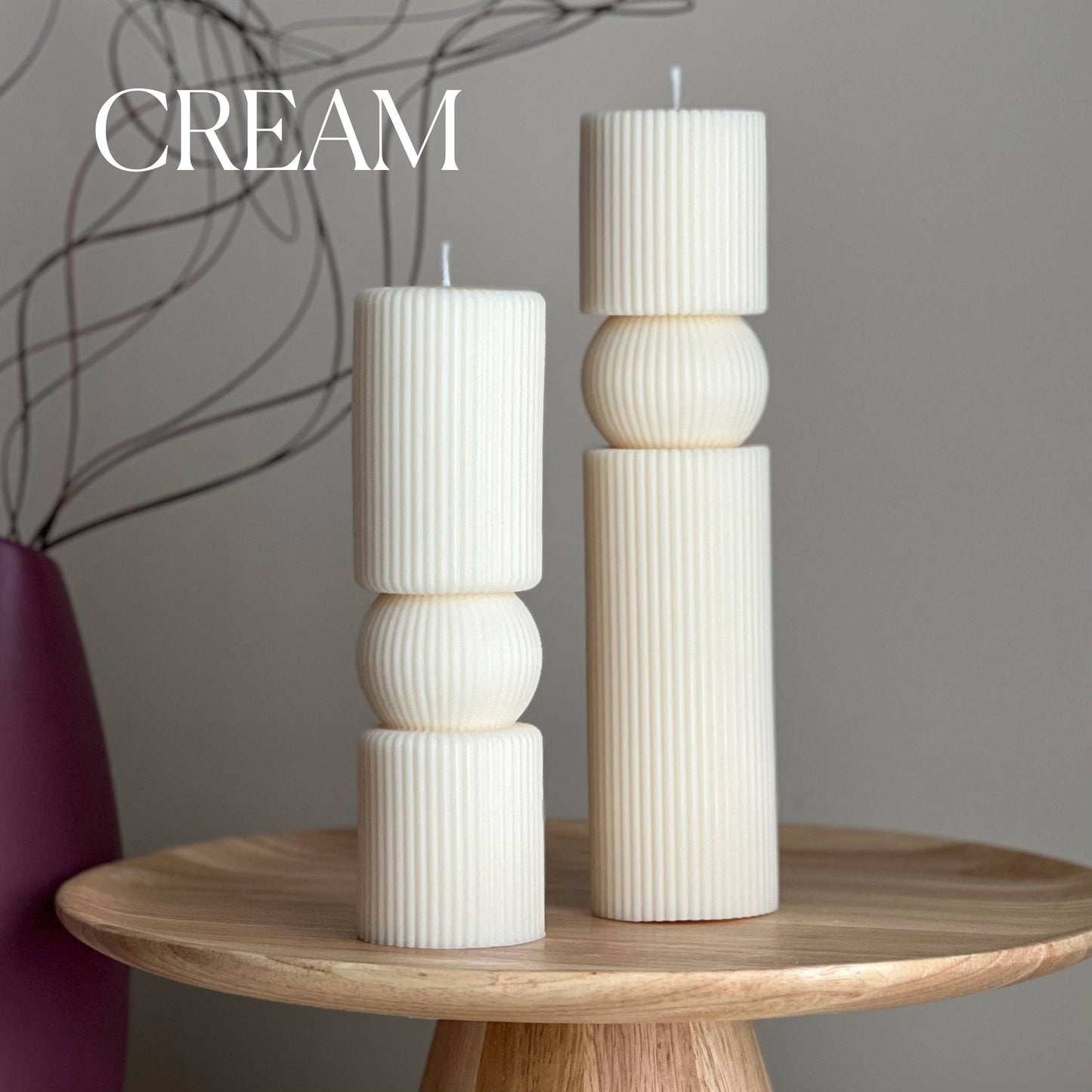 Roman Ribbed Soy Wax Candle Set | Tall Pillar, Home Decor: Cream / Unscented / Small